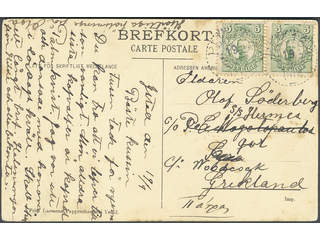 Sweden. Facit 79 cover, 2×5 öre on postcard sent from PLK 164 19.9.1912 to Greece. Small …