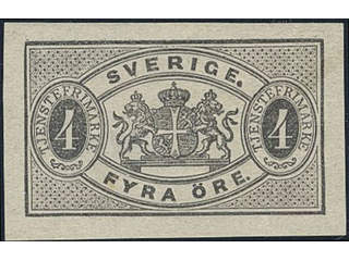 Sweden. Official Facit Tj13Bv1 ★, 4 öre black imperf. Thin spot. EXCELLENT margins.