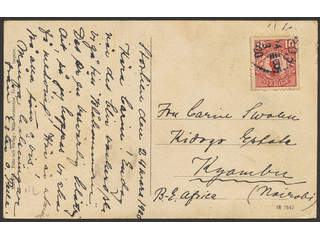 Sweden. Facit 82 on cover, 10 öre on postcard sent from PLK 303 B 24.3.1920 to Kyambu, …