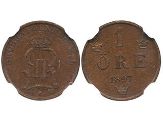 Coins, Sweden. Oskar II, MIS III.22, 1 öre 1897. Graded by NGC as MS64 BN. 01/0.