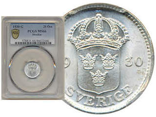 Coins, Sweden. Gustav V, MIS I.11, 25 öre 1930. Graded by PCGS as MS66. SM 112. 0.