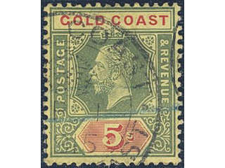 Gold Coast. Michel 71y used, 1913 King George V 5s. green/red on yellow, white back wmk …