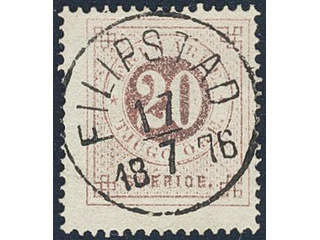 Sweden. Facit 22e used , 20 öre brownish red. EXCELLENT cancellation FILIPSTAD 17.7.1876.