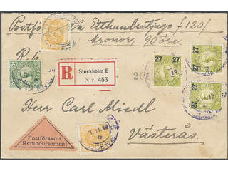 Sweden. Facit 103, 72, 79 cover , 2x2+5 + 2x27/65 öre as nice combination on registered …