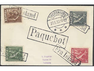 Iceland. Facit 242, 246, 247, 250 on cover, 5+10+12+35 aur on philatelic ship mail cover …