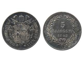 Coins, Italy, Pontificial States. Gregory XVI, KM 1321, 5 baiocchi 1843. XF.