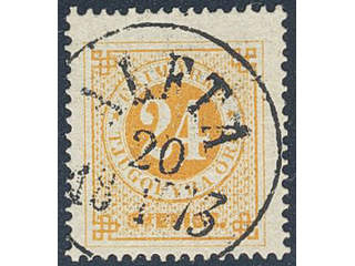 Sweden. Facit 24a used , 24 öre orange on yellowish paper. Superb cancellation ALFTA …
