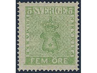 Sweden. Facit 7f2 ★, 5 öre light yellow-green, perforation of 1872. One somewhat short …