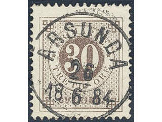 Sweden. Facit 35h used , 30 öre black-brown on soft paper. EXCELLENT cancellation …