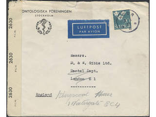 Sweden. Facit 293 cover , 1939 Three Crowns 90 öre light blue, single usage, on censored …
