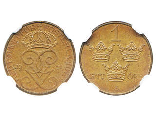 Coins, Sweden. Gustav V, MIS I.3, 1 öre 1911. Graded by NGC as MS64 BN. 01/0.
