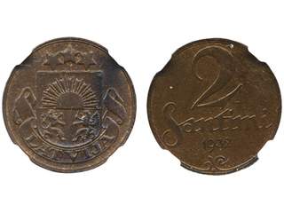 Coins, Latvia. KM 2, 2 santimi 1932. Graded by NGC as MS61 BN. XF.