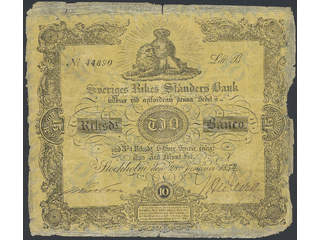 Banknotes, Sweden. SF D2:5, 10 riksdaler banco 1854. Litt B No 44890. Mindre riss i …