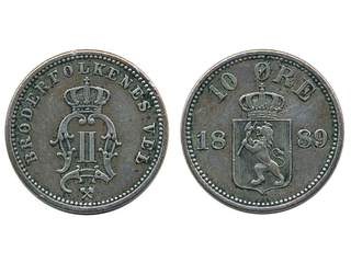 Coins, Norway. Oskar II, NM 87, 10 øre 1889. 1,46 g. VF.