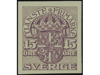 Sweden. Official Facit Tj33P (★), 15 öre with vm crown, colour proof in lilac.