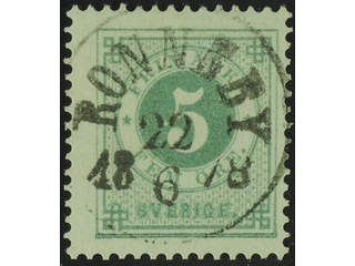 Sweden. Facit 30a used , 5 öre grey-green. EXCELLENT cancellation RONNEBY 22.6.1878.