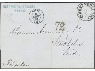 Sweden. Postage due mail. Postage due cancellation 72 on unpaid cover sent from REIMS …
