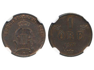 Coins, Sweden. Oskar II, MIS II.3c, 1 öre 1879. Graded by NGC as MS62 BN. Second finest …