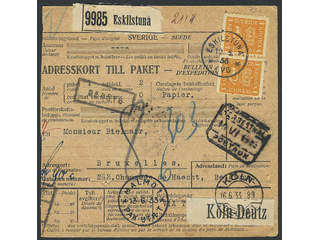 Sweden. Facit 168 cover , 2×1 kr on address card for parcel sent from ESKILSTUNA 12.6.33 …