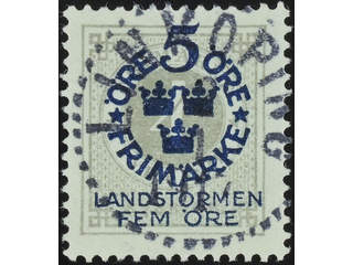Sweden. Facit 107 used , 1916 Landstorm I 5+FEM / 4 öre grey. EXCELLENT cancellation …