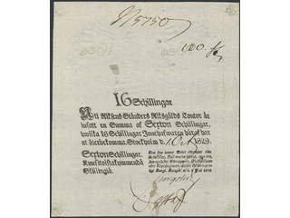 Banknotes, Sweden. SS 98, 16 skillingar 1829. No 5750. Mycket fräscht exemplar av detta …