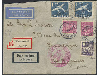 Sweden. Facit 146A, 172, 257 on air mail cover, 10+2×120 öre + 2×1 kr on registered air …