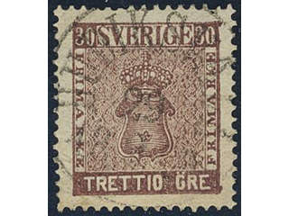 Sweden. Facit 11 used, 30 öre brown. A few short perfs, still a very beautiful example …