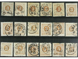 Sweden. Facit 17 used , 3 öre brown, eighteen used copies. Shades, varieties, …