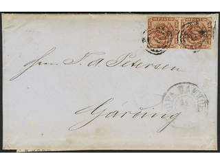 Denmark. Facit 7a cover , 1858 Imperforate. Wavy-line spandrels 4S orange-brown, plate …