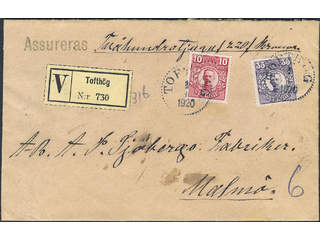 Sweden. Facit 89, 82 cover , 10+35 öre on insured covers sent from TOFTHÖG 8.1.1920 to …
