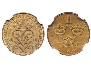 Coins, Sweden. Gustav V, MIS I.7a, 1 öre 1915. Graded by NGC as MS64 BN. 01/0.