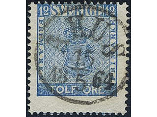 Sweden. Facit 9d2 v used , 12 öre light blue, heavily displaced perf. with part of …
