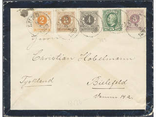 Vackert brev med femfärgsfrankering stämplat LUND 5.5.1892 till Tyskland