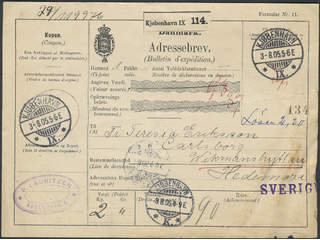 Sweden. Incoming stamped mail. Denmark. Address card for unpaid parcel sent from …