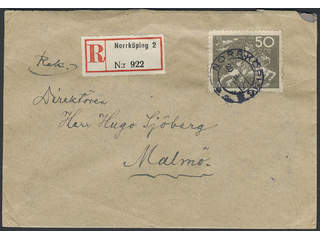 Sweden. Facit 220 on cover, 50 öre on registered cover sent from NORRKÖPING 20.8.24 to …