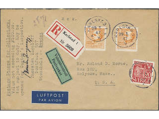 Sweden. Facit 334, 366A cover , 20 öre + 2x1 kr on registered air mail cover with …