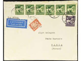 Sweden. Facit 143A, 146A cover , 6x5+10 öre on air mail cover sent from STOCKHOLM …