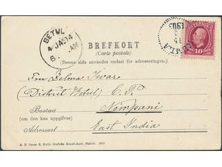 Sweden. Facit 54 cover , 10 öre on postcard sent from KUMLA 15.12.1903 to India. Arrival …