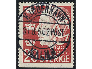 Sweden. Facit 377B. DENMARK. Danish cancellation KJØBENHAVN-MALMØ 2.POST 31.8.50. …