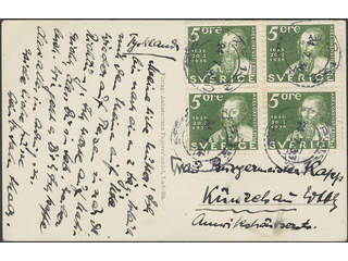 Sweden. Facit 246C cover , 4x5 öre in block of four on picture postcard (Ludvika) ssent …