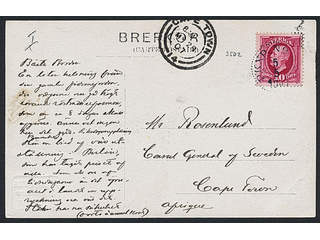 Sweden. Facit 54 cover, 10 öre on beautiful postcard sent from PKXP 5.5.1907 to Cape of …
