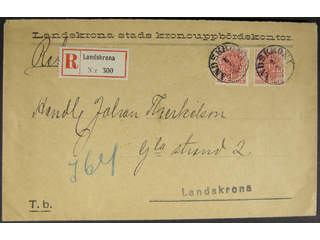 Sweden. Official Facit Tj47 , 2x10 öre on local registered cover cancelled LANDSKRONA …