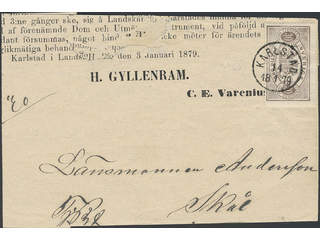 Sweden. Official Facit Tj4 , 2x6 öre on cover sent from GÖTEBORG 26.11.1879 to Laholn. …