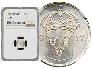 Coins, Sweden. Gustav V, MIS I.7, 10 öre 1917. Graded by NGC as MS66. 0.