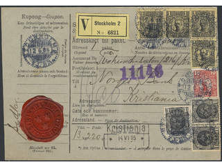 Sweden. Facit 71, 77, 82 cover , 3x1+10 öre + 4x1 kr on address card for insured parcel …