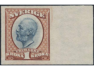 Sweden. Facit 60P (★), Proof type P, 1 kr carmine/ultramarine with sheet margin with …