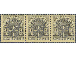 Sweden. Official Facit Tj38 ★★ , 1 Kr black, watermark crown in fresh strip of three.