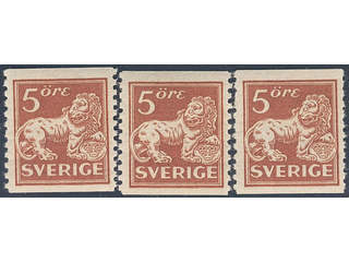 Sweden. Facit 142Aa ★★ , 5 öre brown-red, type II. Three copies - one with short perfs. …