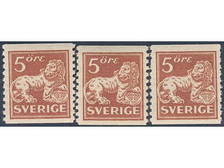 Sweden. Facit 142Aa ★★ , 5 öre brown-red, type II. Three copies - one with short perfs. …