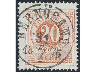 Sweden. Facit 22h used , 20 öre brick red. EXCELLENT cancellation HERNÖSAND 31.7.1876.